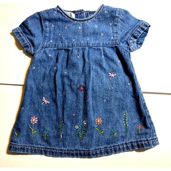 Adorable Blue Denim Baby Dress 12 Mo Dragonfly Flowers Back Buttons Cotton - Picture 3 of 7